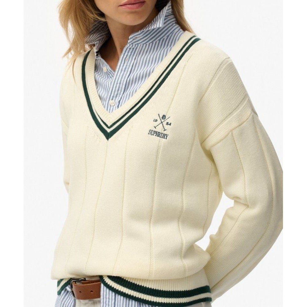 Superdry Cricket Club Jumper V-Neck Ribbed Sweater Cream Womens 10 Preppy